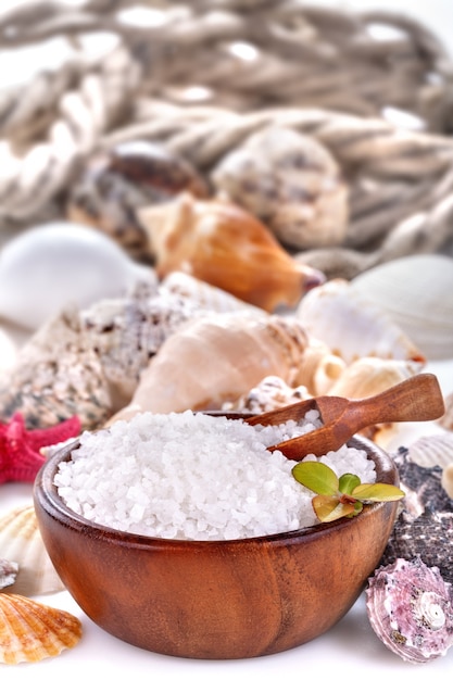 Sea bath salt in a bowl and  sea shells