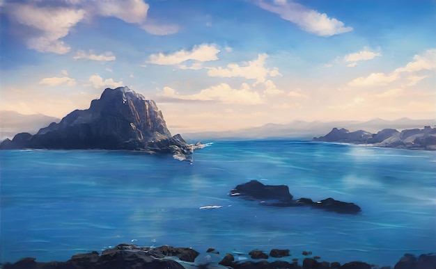 Sea Bay fantasy mountain landscape. A big blue lake in the middle of the mountains. Fabulous nature, amazing seascape. Illustration