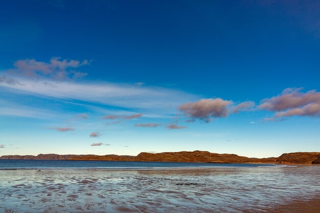 Sea bay at low tide. Far North, Barents Sea in Russia.