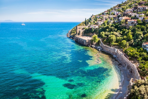 Морской пляж в Аланье, Турция. Красивый летний пейзаж