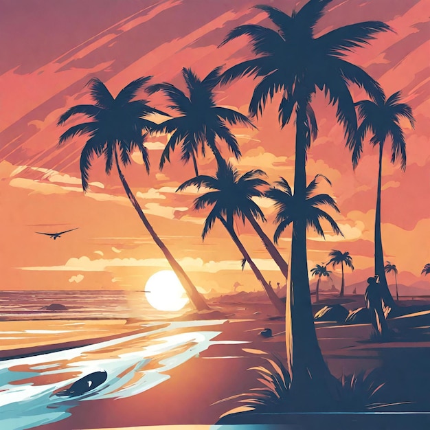 Sea beach palm tree surfing bots sun sets realistic looks some peoples