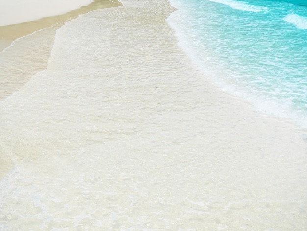 Sea on Beach Sand BackgroundWhite Foam Water Wave Blue Ocean Nature SummerShore Texture on Sandy Calm Seascape IslandToursim Relax Vacation Tropicall Travel Holiday Landscape Paradise Space