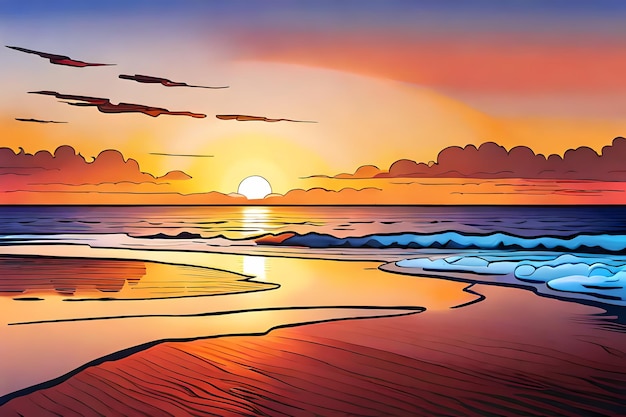 Sea beach at sunset Comic book style seascape Generative AI illustration