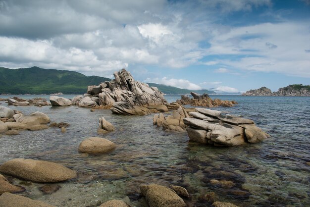 sea beach water coast ocean rock sky landscape nature rocks blue stone coastline island