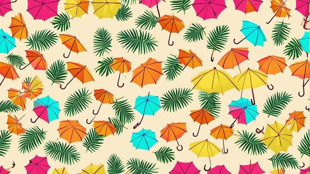 Photo sea beach with palm tree leaves background summer vacation colorful umbrella