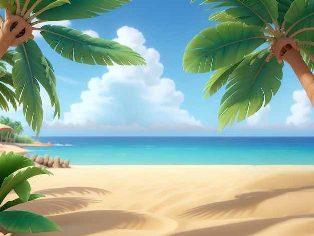 sea beach with palm tree leaves background summer