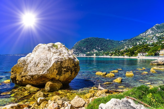 Sea beach with stones and rocks Beausoleil Nice Nizza AlpesMaritimes ProvenceAlpesCote d'Azur Cote d'Azur French Riviera France