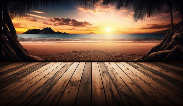 Foto spiaggia di mare con pavimento in legno in primo piano sull'orizzonte di una spiaggia di sabbia tropicale generative ai