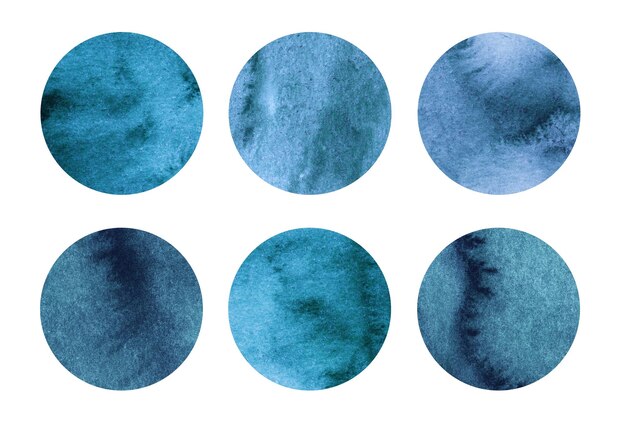 Sea blue watercolor circles set Deep blue round geometric shapes on white background Aquarelle stains on paper texture Abstract art Template for your design