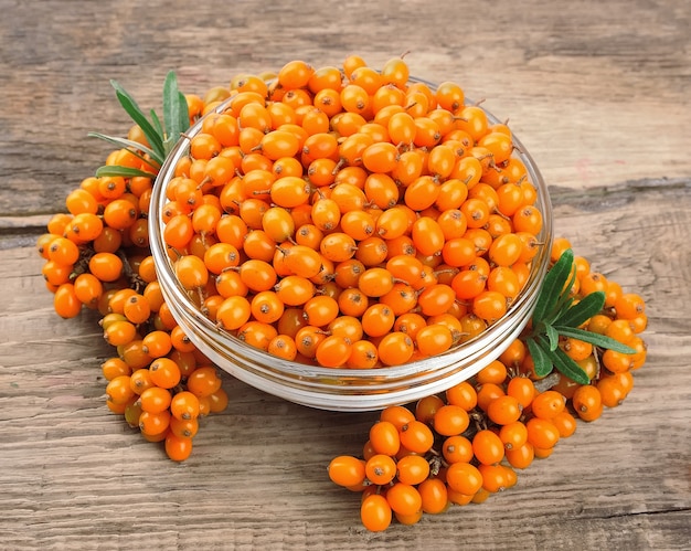 Sea buckthorn berries branch on wooden table