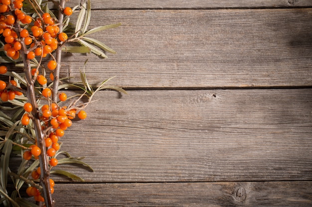 Sea buckthorn berries on a wooden background