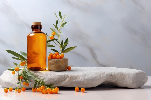 Sea buckthorn branch with berries and leaves on podium natural cosmetic