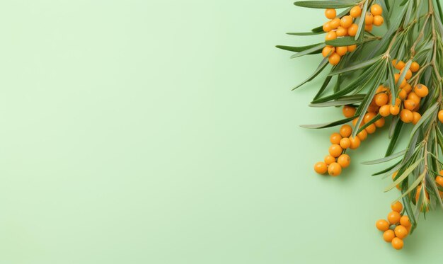 Sea buckthorn branch with orange berries creating a refreshing atmosphere on a pastel backdrop ai generative