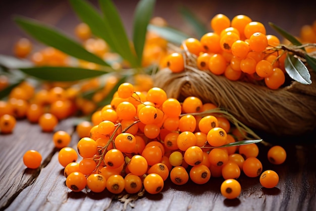 Photo sea buckthorn branches lie on a wooden table