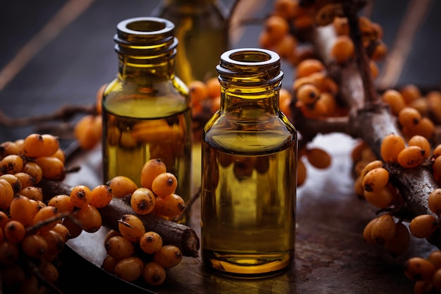 Sea buckthorn  oil in small bottles