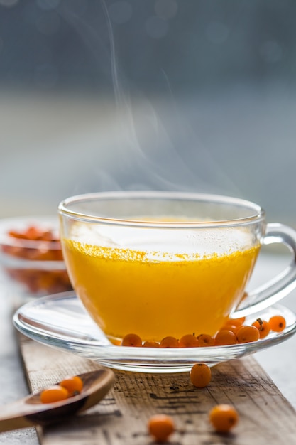 Sea buckthorn tea  in a glass cup before window.   Herbal vitamin beverage