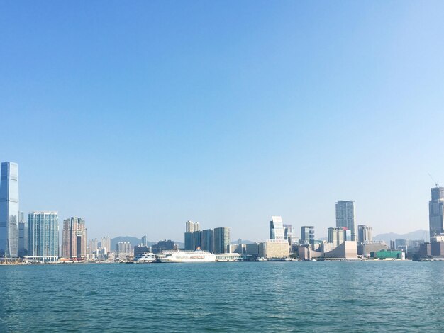 Sea by cityscape against clear blue sky