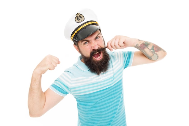 海の船長オーシャンスピリット白い船長に孤立した強い船長のクルクルヒゲ縞模様の青い船のひげを生やした男の船長クルーズ船海の旅行代理店海運会社