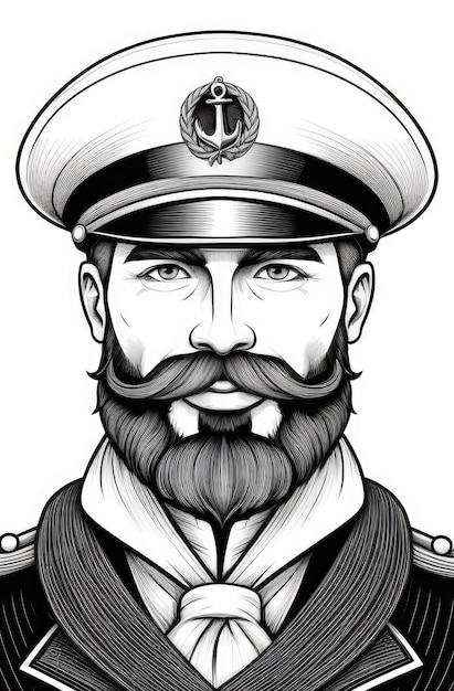 sea captain with anchor badge on hat confident and experienced sailor in black and white sketch