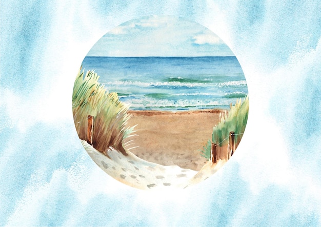 Sea card template with baltic sea beach panorama sand dunes blue watercolor splashes hand drawn