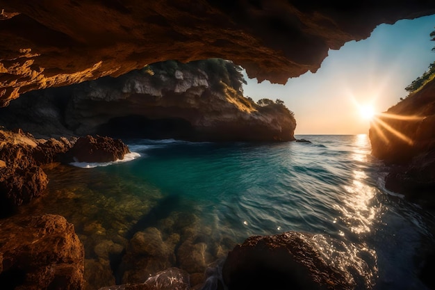 Photo the sea cave at sunset