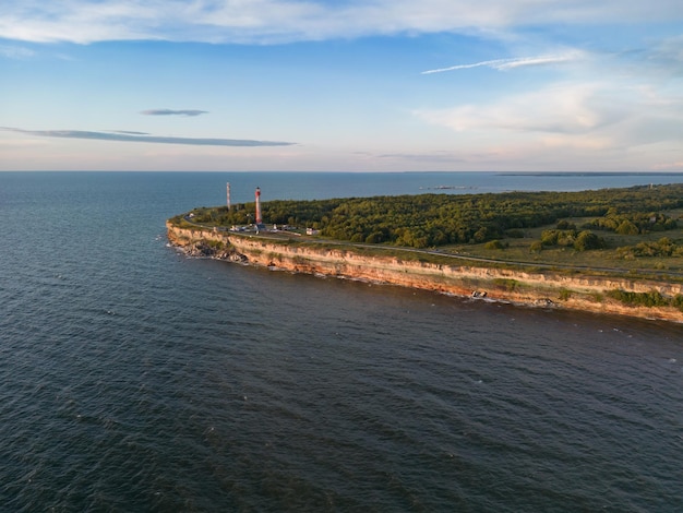 Sea cliff on the Paldiski peninsula at sunset aerial view