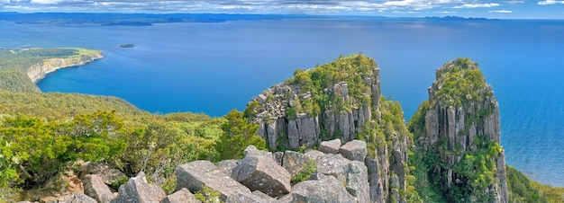 Sea cliffs panorama from the bishop and clerk dolerite formation at maria island tasmania