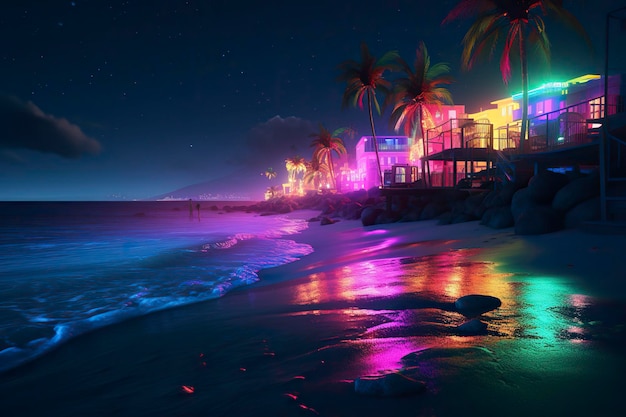 Sea coast tropical island in neon colors Generative AI