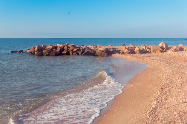 The sea coast with cobble-stones on the horizon 