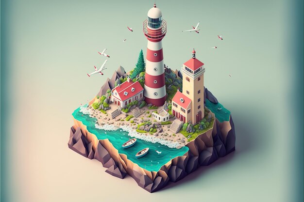 Sea coast with a lighthouse isometric view Generative AI