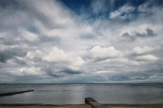 Sea coast with white clouds and blue sky Illustration