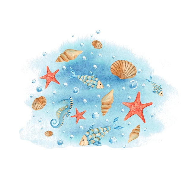 Under the sea composition cute seahorse fishes starfish sea shells water bubbles om blue watercolor