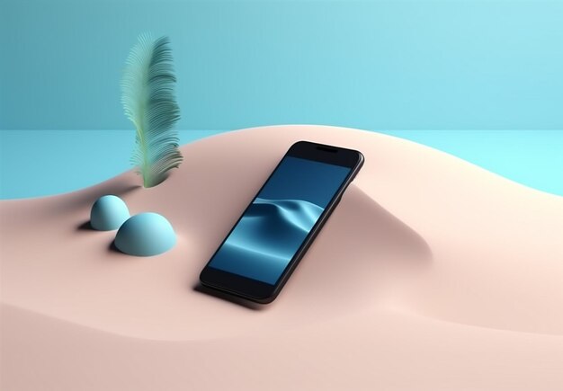 Sea concept zomer cyber-up creatieve telefoon vakantie mock palm zand generatieve AI