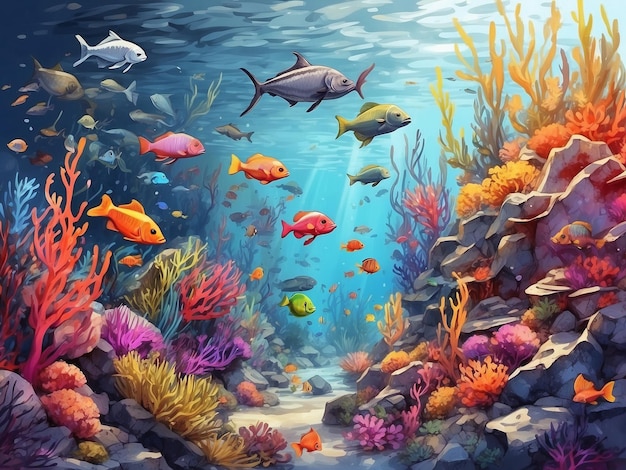 바다 산호는 다채로운 물고기가 활기찬 산호초에서 헤엄치고 있습니다.