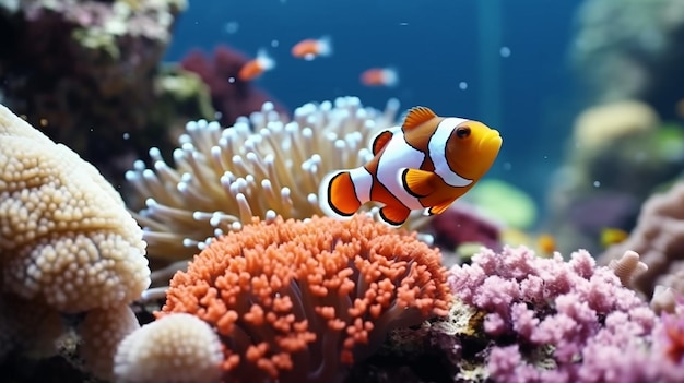 Sea corals and clown fish in marine aquarium Generative AI