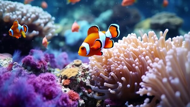 Sea corals and clown fish in marine aquarium generative ai