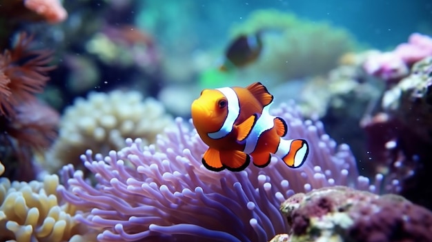 Sea corals and clown fish in marine aquarium Generative AI