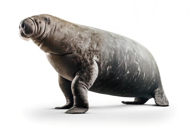 A sea cow is standing on a white background