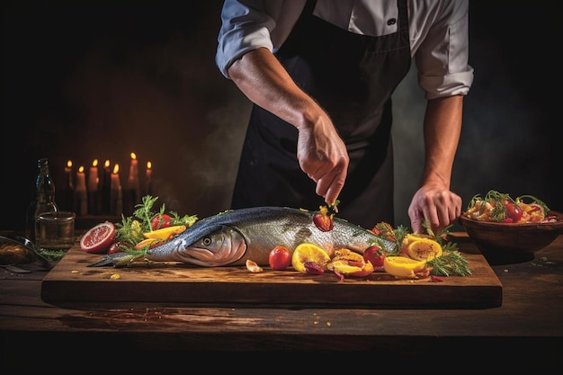 sea cuisine professional cook prepares pieces of red fish salmon trout with vegetables cooking