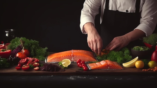 Sea cuisine Professional cook prepares pieces of red fish salmon trout