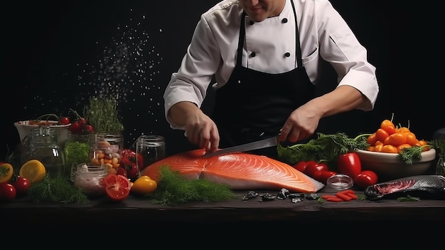 Foto cucina di mare un cuoco professionista prepara pezzi di trota di salmone rosso