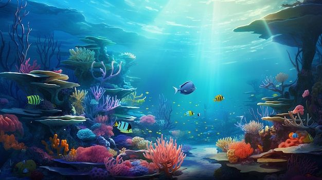 Photo sea deep or ocean underwater with coral reef as a background with sunlight