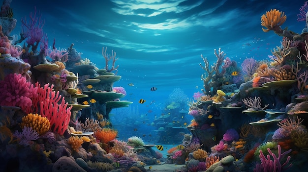 Глубокое море или океан под водой с коралловым рифом в качестве фона
