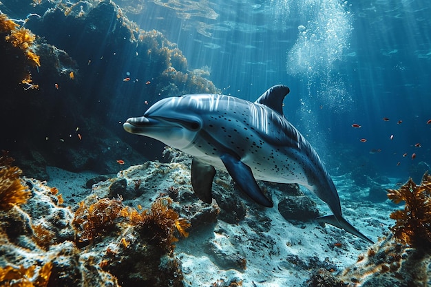 sea dolphin swimming in deep sea