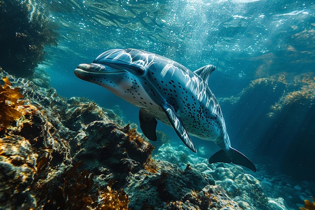 sea dolphin swimming in deep sea