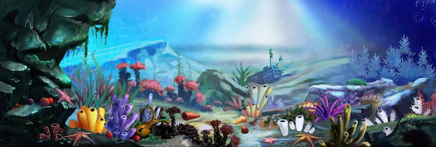 Sea floor with seaweed and corals illustration