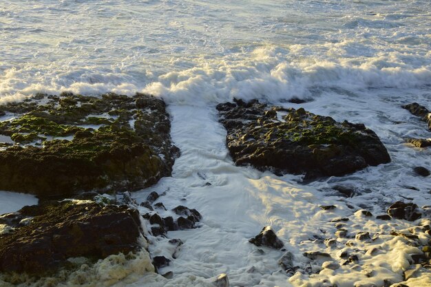 Foto schiuma di mare tra le rocce della costa oceanica antofagasta cile