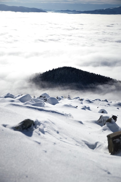 冬の山の霧の海の上 雪の晴れた日は、晴れた空の上にカルパティア山脈の雲に覆われています