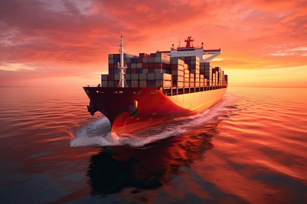 Sea freight is one of the most important engines of the modern economy Container ship at sunset AI generated image