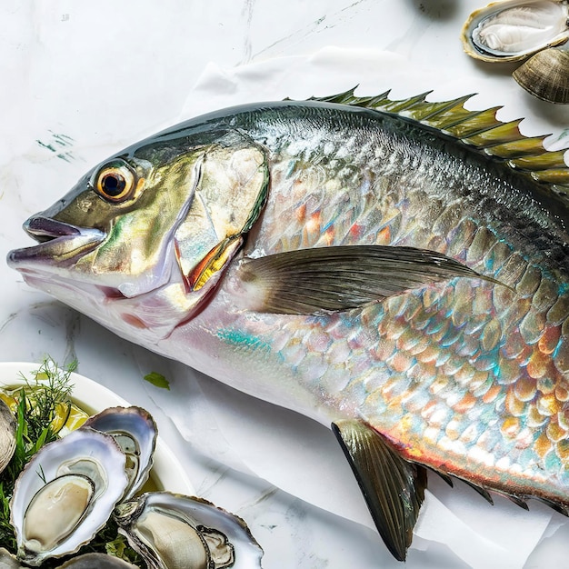 Sea fresh dorado fish lies on a white table